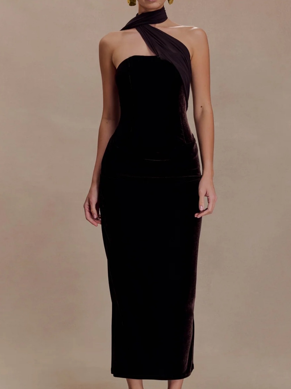 MESHKI - Strapless Mattea Velvet Midi Dress With - Chocolate